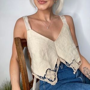 Linen Crochet Doily Lace Detail Neutral Boho Festival Bow Tie Strappy Top